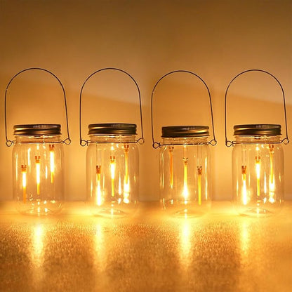 Solar Mason Jar Fairy String Lights,4-Pack(Plastic Mason Jars Include) Solar Powered Glass Outdoor Hanging Lamps Lighting,Waterproof LED Flame Dancing Lights for Garden Patio