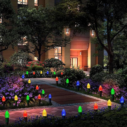 Solar Christmas Pathway Lights, 20 LED C9 String Lights with 20 Stakes, 23FT Solar Powered Multicolored Decorations for Roof, Yard, Patio, Walkway, Driveway