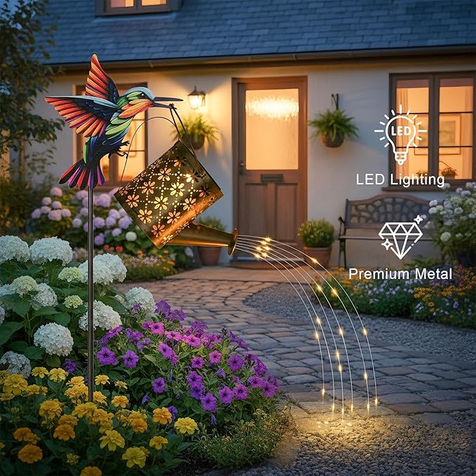 Solar Watering Can with Cascading Lights Outdoor Garden Decor,Solar Hummingbird Lights Shaped Hook Gardening Gifts, Hanging Garden Lights for Patio Yard Lawn Porch Outdoor Decoration