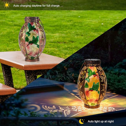 Hanging Solar Lantern Outdoor Waterproof Glass Solar Hummingbird Flickering Flame LED Garden Light Metal Hollowed-Out Table Lamp Garden Decoration for Yard Patio Pathway Tabletop Tree