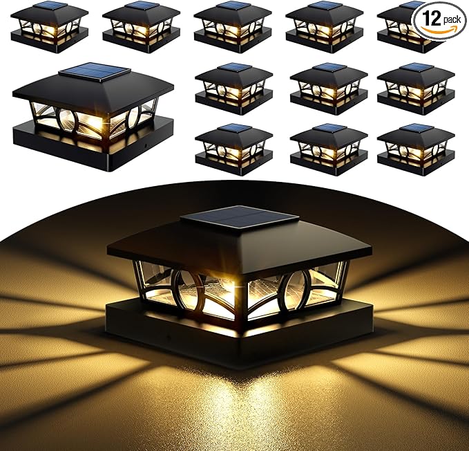 12-Pack Warm White Solar Patio Post Lights, Outdoor LED Caps