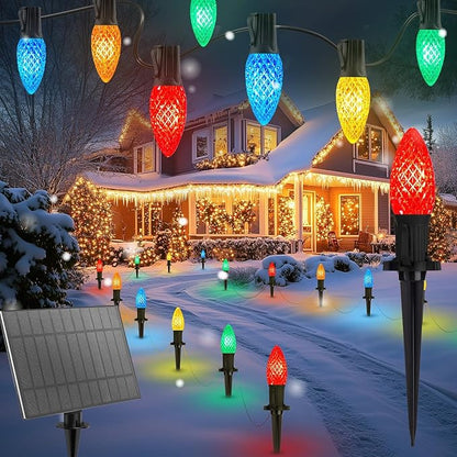 Brightown Solar C9 LED Christmas Lights - 50Ft, 40 Faceted Bulbs, Waterproof Multicolor Pathway Light for Outdoor House Decorations