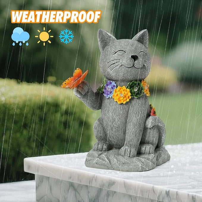 Solar Cat Garden Statue - 7 LED Lights with Flowers & Butterfly Yard Art, Lawn Porch Outdoor Decor, Gift for Mom, Grandma & Women