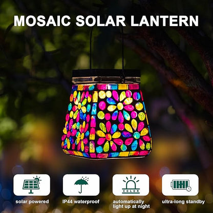 VOREEN Mosaic Glass Solar Lantern & Table Lamp, 600mAh Solar Powered Outdoor Light, Dual Modes Warm White & RGB, Waterproof IP44 Garden Patio Yard Decor, Handmade Gift for Women Mom Friends