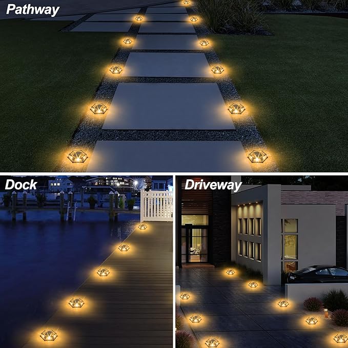 Solar Dock Lights Driveway Deck Lights - 8 Packs Waterproof Outdoor LED Aluminum Dock Lighting Warning Step Light for Driveway Sidewalk Garden Pathway Yard (Warm White,Gray Shell)