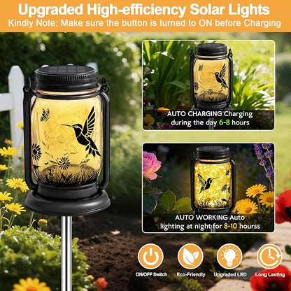 2 Pack Hummingbird Solar Lantern Outdoor Garden Decor,Birthday Gifts for Women Mom Grandma, Waterproof Hanging Vintage Glass Mason Jar Outside for Yard,Patio, Backyard,Porch,Tree, Pathway