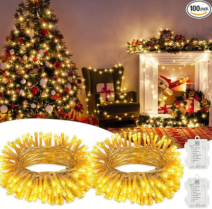 2 Pack Christmas String Lights Battery Operated with 8 Modes, 33FT 100 LED Fairy Lights with Timer, Waterproof Twinkle Lights for Indoor and Outdoor Christmas Decorations(Warm White)