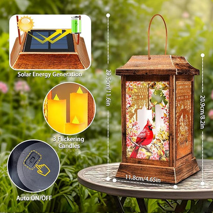 Cardinal Solar Lanterns Outdoor Waterproof, Metal & Glass Hanging Lights Garden Decor, Birthday Gifts for Women Mom Grandma Mothers Day, Decorative Lights for Outside Yard Patio Backyard Porch