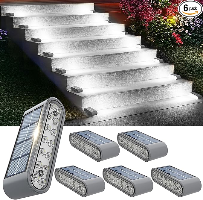 Solar Step Lights for Outside, 6-Pack Stair Light Outdoor Waterproof IP67, 14 LED Cool White Light Solar Powered Lighting for Steps, Stairs, Deck, Patio, Walkway, Front Porch Decor