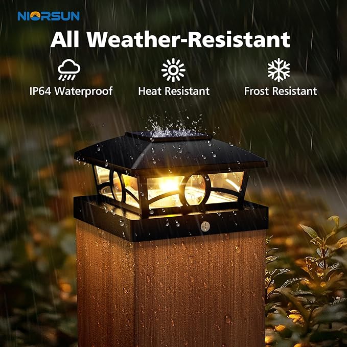 NIORSUN Solar Post Lights Outdoor, Fence Post Solar Lights Warm White Outdoor Waterproof Edison LED Bulbs Garden Patio Fence Deck Decor, 4x4 Wood Vinyl Post Cap Lights, Black 6 Pack
