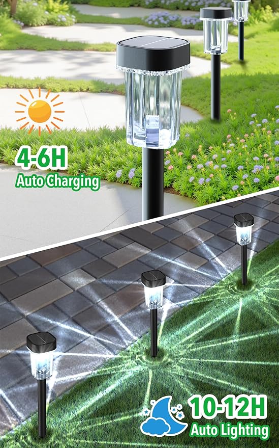 Solar Pathway Lights Outdoor 12 Pack - IP55 Waterproof Solar Powered Garden Lights 6000K Cold White LED, Auto On/Off Outdoor Solar Lights for Yard Driveway Patio Decor Landscape Lighting