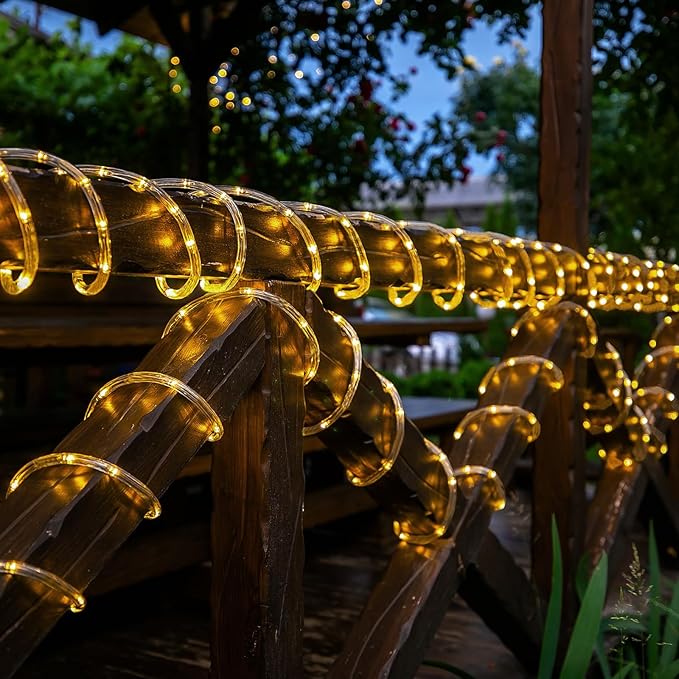 Solar Rope Lights, 2 Pack Total 66ft 200LED Solar String Lights, 8 Modes Waterproof Solar Powered Outdoor Light, Flexible Clear Tube Light for Garden Yard Patio Deck Porch Pool Tree Decor - Warm White