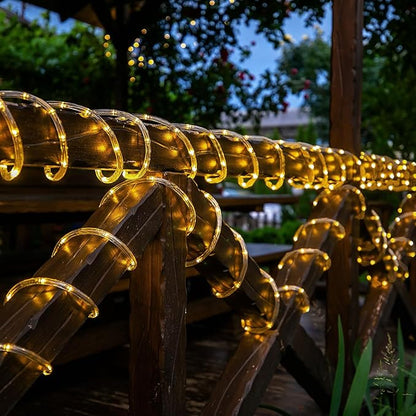 Solar Rope Lights, 2 Pack Total 66ft 200LED Solar String Lights, 8 Modes Waterproof Solar Powered Outdoor Light, Flexible Clear Tube Light for Garden Yard Patio Deck Porch Pool Tree Decor - Warm White
