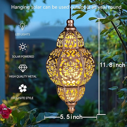 Hanging Solar Lanterns Outdoor Waterproof, Moroccan Solar Lanterns for Outside Garden Decor, Outdoor Hanging Lantern Gardening Gifts for Women Mom Grandma, Yard Patio Lawn Decorations