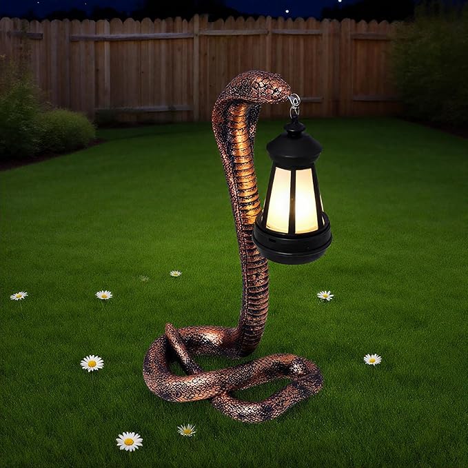 Solar Lantern Outdoor Snake Statues Garden Decoration, Yard Art Lawn Decor for Porch, Patio, Balcony, Housewarming Gifts for Birthday, Father's Day, Halloween (Brass Color)