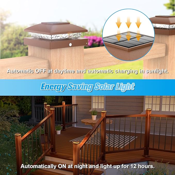 VOLISUN 4x4 Solar Post Cap Light 8pack,Solar Fence - Post Lights Brown Outdoor Waterproof for Wooden/Vinyl Post, with Warm White for Deck