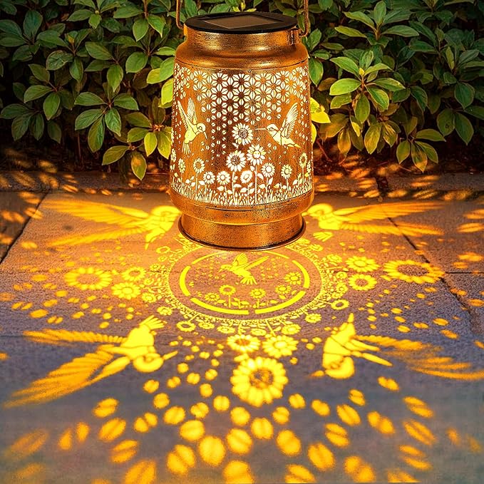 Solar Lanterns Outdoor with Shepherd Hook Waterproof Hummingbird Sunflower Garden Decor, LED Hanging Lights Metal Decor for Yard, Patio, Tabletop, Lawn, Perfect Christmas Gift for Women, Mom, Grandma