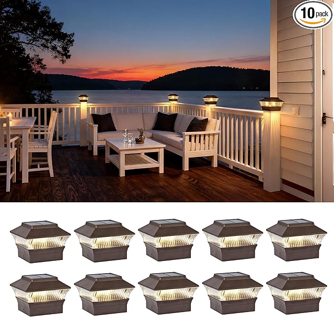 10 Pack Solar Post Light Outdoor, 4X6 4X4 Post Caps, 25 Lumens 3000K Warm Light Fence Lights Solar Powered for Deck, Ip65 Waterproof, Brown
