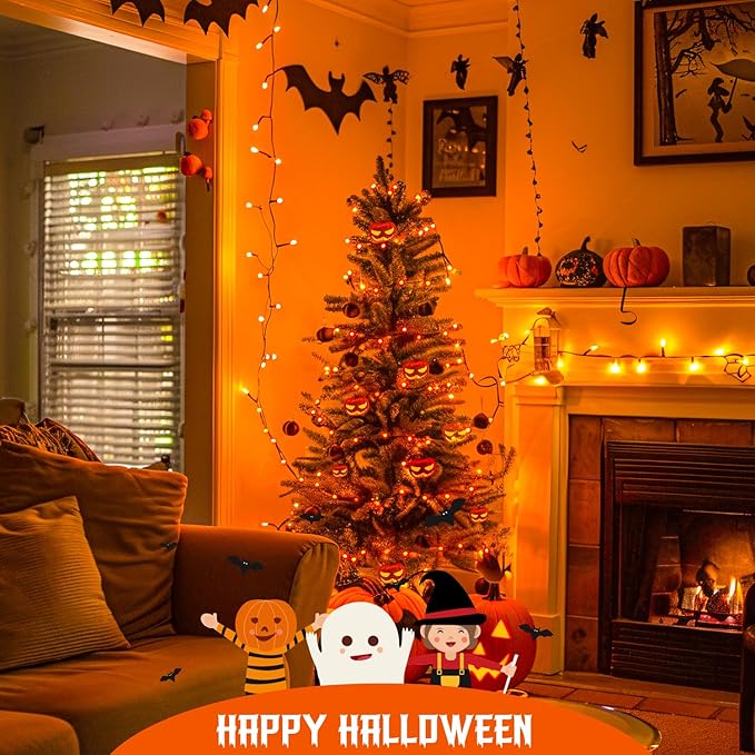 JMEXSUSS Orange Halloween Lights Battery Operated, Each 33 FT String Lights Indoor Outdoor Waterproof, 2 Pack 100 LED Christmas Light for Halloween Tree Thanksgiving Decorations