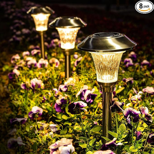 GIGALUMI Solar Pathway Lights, 8 Pack Solar Light Outdoor Waterproof, Glass Stainless Steel Automatic Solar Landscape Lights for Patio, Yard, Lawn, Driveway, Walkway (Warm White)