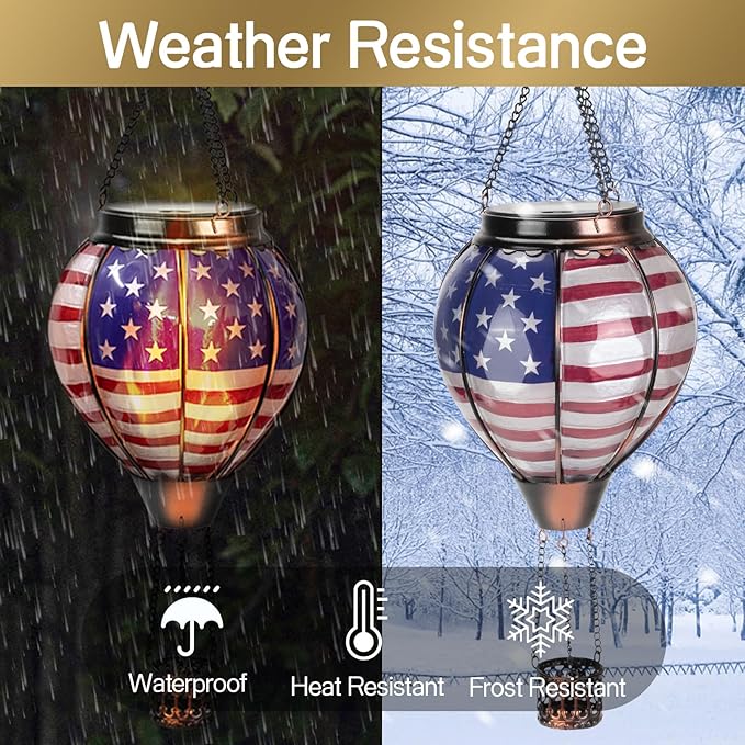 Larekook Solar Hot Air Balloon Lantern with Flame Flickering,Glass Hot Air Balloon Solar Lantern Outdoor Waterproof Hanging Garden Light for Patio Porch Yard,Birthday Gifts for Women(American Flag)