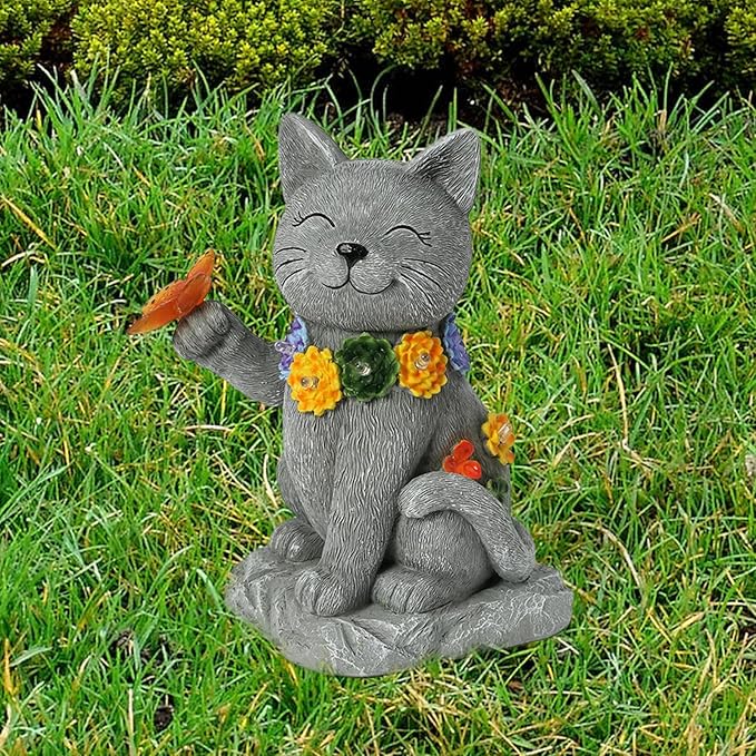 Solar Cat Garden Statue - 7 LED Lights with Flowers & Butterfly Yard Art, Lawn Porch Outdoor Decor, Gift for Mom, Grandma & Women