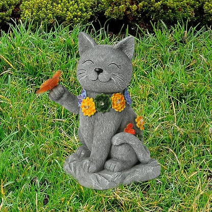 Solar Cat Garden Statue - 7 LED Lights with Flowers & Butterfly Yard Art, Lawn Porch Outdoor Decor, Gift for Mom, Grandma & Women