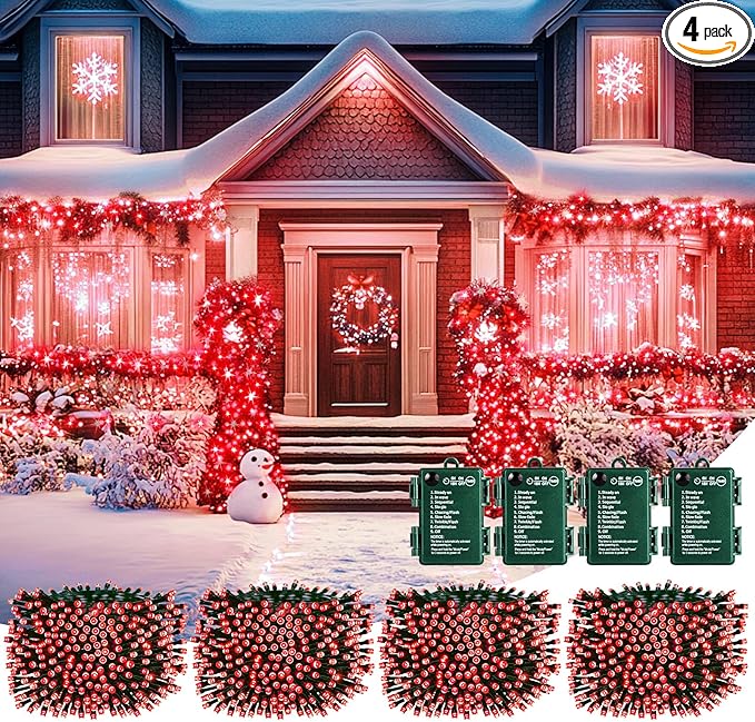 4-Pack 66ft Christmas LED String Lights, Waterproof Timer Lights