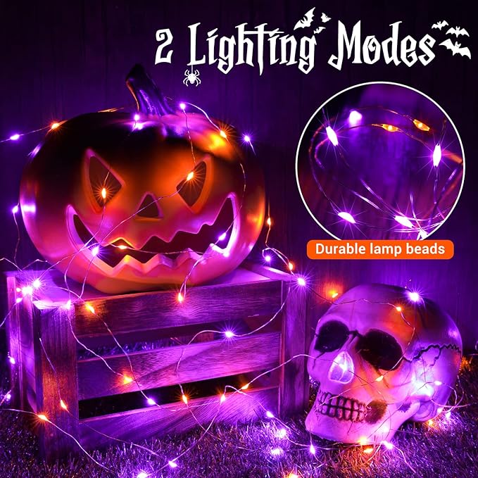 Joomer Orange Purple Battery Halloween Fairy Lights, 2 Pack 16.4FT 50LED 2 Modes Twinkle String Lights for Indoor Outdoor Halloween Decorations