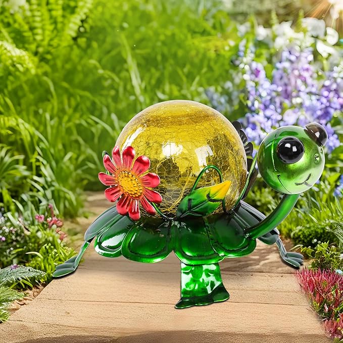 MUMTOP Solar Lanterns Outdoor Waterproof - Colorful Metal Turtle Solar Lights Decorative, Glass Tortoise Light Tabletop Lantern Lamp Ornaments for Yard Patio Garden Outside Decorations