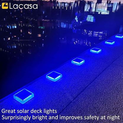 Lacasa Solar Deck Lights, 4 Pack 30LM LED Dock Lights Blue Light, Outdoor Solar Powered Step Lights Light up All Night IP68 Waterproof Auto ON/Off for Garden Stairs Driveway Pathway Lighting