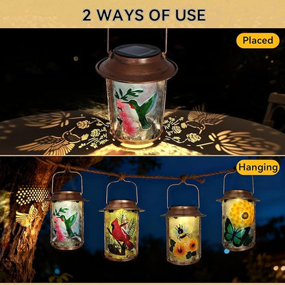 10" H Hummingbird Solar Lanterns Outdoor, Metal Glass Hanging Solar Lamp with Hollow Out Retro Hummingbird Lights, Decorative for Garden Yard Patio Pathway Tabletop Gifts