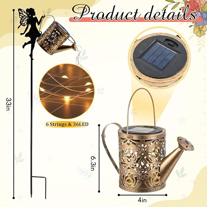 Honoson Solar Watering Can with Lights Solar Outdoor Garden Decor Fairy Water Can Hanging Lantern Landscape Sprinkle Waterproof Twinkle LED Decorative Gift for Women Yard Patio Pathway