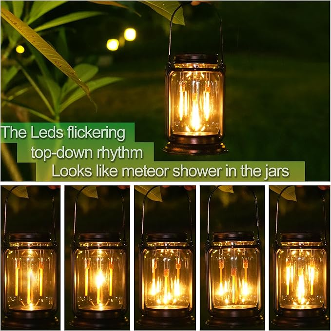 Solar Mason Jar Meteor Light Lanterns, Falling Raindrops Warm White LED Lights Build-in Mason Jar, Outdoor Decorative Waterproof with Stakes for Patio, Yard, Lawn, Tree (Vintage Lanterns, 4)