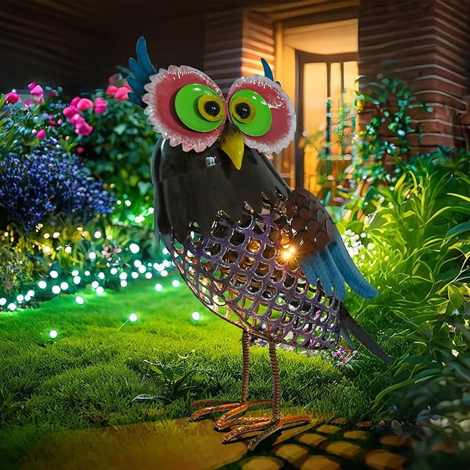 MUMTOP Solar Lanterns Outdoor Waterproof - Colorful Metal Owl Solar Lights Decorative, Hollow Out Owl Light Tabletop Lantern Lamp Ornaments for Yard Patio Garden Outside Decorations