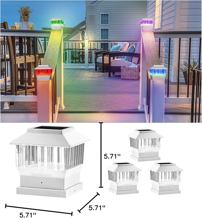 RGB&Warm Solar Post Cap Lights 50 Lumen, Outdoor 4x4 3.5x3.5 4.5x4.5 or 5.5x5.5 Led Fence Deck Patio Garden Post Lights for Christmas Halloween Parties(White, 4 Pack)