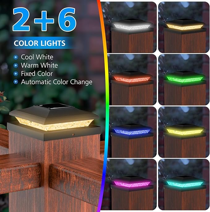 Solar Post Cap Lights Outdoor with RGB Color Changing - 6 Pack Black Fence Post Solar Powered Lights IP65 Waterproof Fits for 5x5 5.5x5.5 6x6 Wood & Vinyl Posts, Decorating Yard Deck Fence Patio