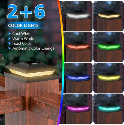 Solar Post Cap Lights Outdoor with RGB Color Changing - 6 Pack Black Fence Post Solar Powered Lights IP65 Waterproof Fits for 5x5 5.5x5.5 6x6 Wood & Vinyl Posts, Decorating Yard Deck Fence Patio