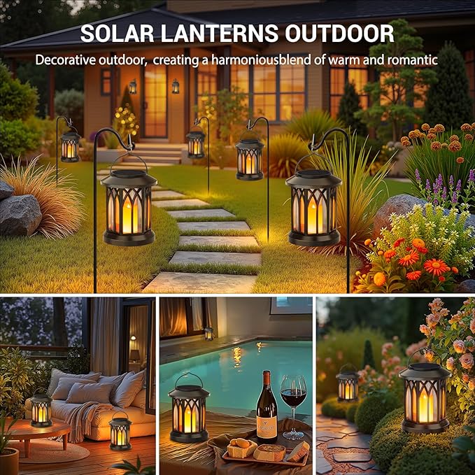 KOOPER 4 Pack Solar Lantern Outdoor Lights, Hanging Solar Lanterns Outdoor Waterproof, Christmas Gifts LED Flickering Flameless Candle Mission Lights for Yard Table Garden (Black)
