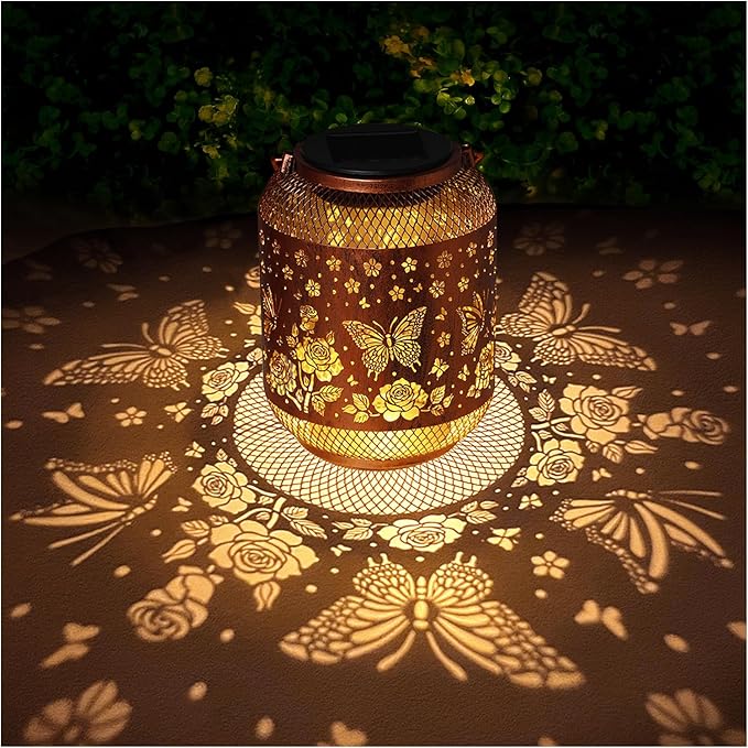 Butterfly Solar Lanterns Outdoor Waterproof Rose Garden Decor Gifts for Mom Women Grandma Metal Hanging Solar Lights Outdoor Decoration for Patio,Yard,Porch,Backyard