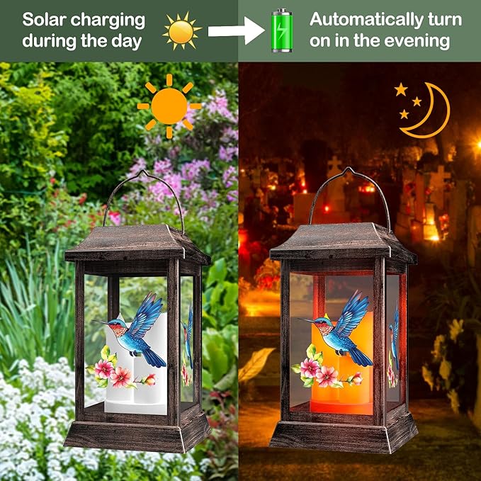 Hummingbird Solar Lanterns Outdoor, Metal Glass Hanging Solar Lights, Gardening Gifts for Mom Women Mother's Day, Waterproof Garden Decor Decorative Lights for Outside Yard Porch Patio Decorations