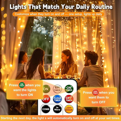 HXWEIYE Rechargeable 300LED Curtain Lights Battery Powered, 9.8x9.8Ft Outdoor Fairy String Lights with Remote & DIY Timer, 8 Modes Twinkle Light Waterproof for Indoor Backdrops Wedding, Warm White