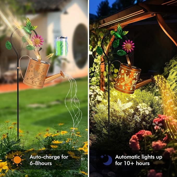 Hummingbird Outdoor Hanging Solar Lantern Waterproof Metal Openwork Hummingbird Watering Can Landscape Lights with Shepherd Hook for Porch Lawn Driveway Backyard Pathway Gifts for Women Mom Grandma