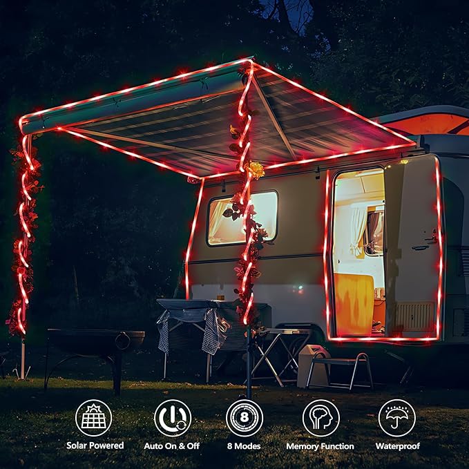 Solar Rope Lights, 2 Packs Total 66ft 200LED Solar String Lights, 8 Modes Waterproof Solar Powered Outdoor Light, Flexible Clear Tube Light for Garden Backyard Patio Deck Porch Tree Xmas Decor - Red