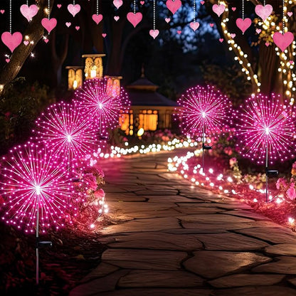 6 Pack Pink Solar Firework Lights 180 LED 8 Lighting Modes Waterproof Outdoor Decorative Solar Lights for Wedding Valentine Birthday Garden Patio Yard Pathway Walkway Lawn Decor