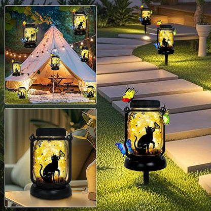 Dog Solar Lanterns Outdoor Garden Solar Dog Lights Dog & Cat Lover Gifts for Women Mom Grandma, Butterfly Fairy Lights Waterproof Hanging Mason Jar Lamps (Cat Kiss Butterfly)