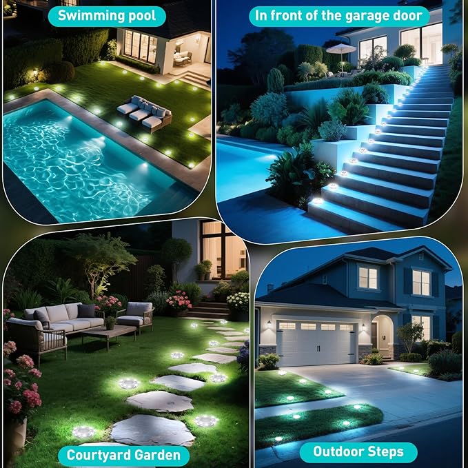 Solar Ground Lights,Solar Disc Light Outdoor Waterproof,Landscape Lighting Garden Lights for Pathway, Yard, Deck, Lawn, Patio, Swimming Pool, Walkway(Cool, 8Pack)