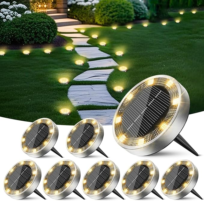 Solar Flat Disk Lights 8-Pack, Waterproof Walkway