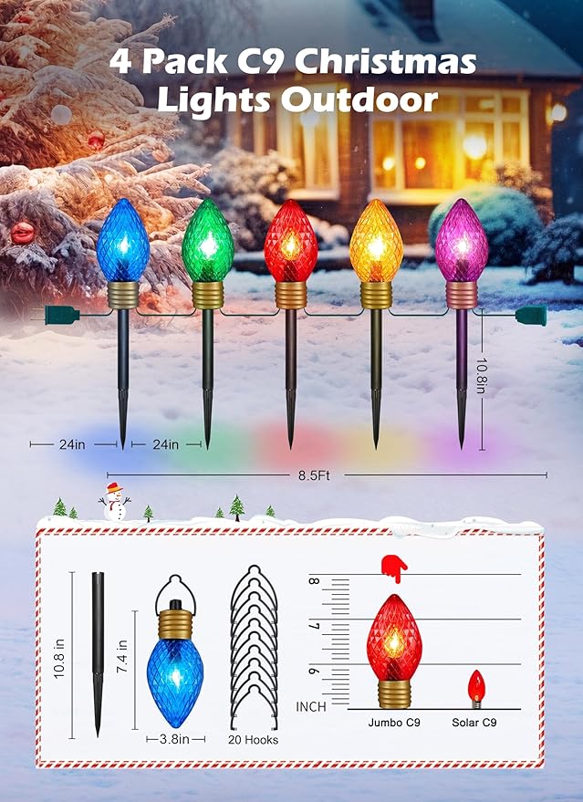 4-Pack 34ft C9 Christmas Walkway Lights, LED