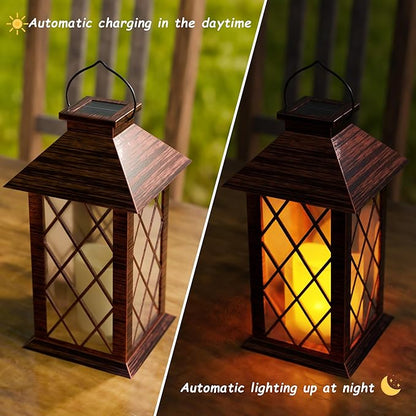 Outdoor Solar Lanterns, Waterproof Hanging Lantern with LED Flickering Flameless Candle, 13'' Bronze Outdoor Solar Powered Lantern Decor for Porch Patio Garden Balcony Pathway, 2 Pack